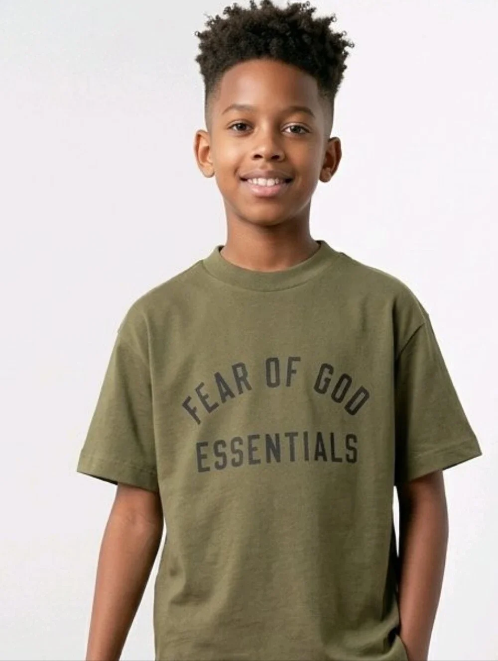 NWT Oversized Fear of God Essentials Kids Cotton Crew Neck Tee Sz 12 Olive